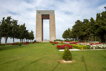Canakkale / Turkey, May 26, 2019 / Canakkale Martyrs' Memorial against to Dardanelles Strait
