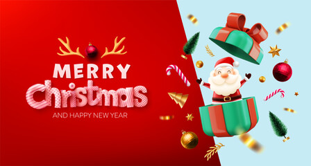 Merry Christmas and Happy New Year Poster or banner with cute santa claus in gift box and christmas element for Retail,Shopping or Christmas Promotion. Vector illustration eps 10 - obrazy, fototapety, plakaty
