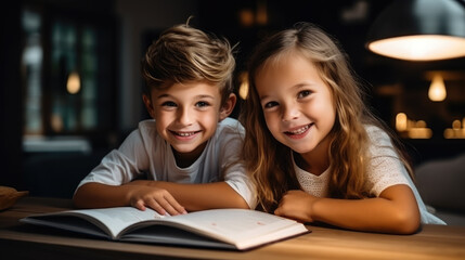 Obraz premium little boy and girl reading a book, smart children, child, kid, student, son, daughter, siblings, brother, sister, cozy home, table, room, evening, fairy tale, study, learning, family, children's room