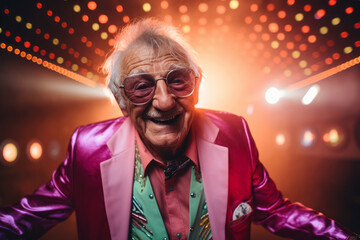 Fun older man at disco party. Retro fashion colorful suit.