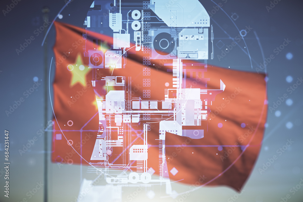 Poster double exposure of creative artificial intelligence hologram on flag of china and sunset sky backgro