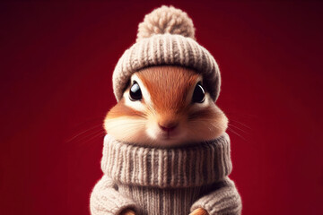 Photorealistic full body chipmunk wearing knitted sweater and beanie on studio red chrismas background. ai generative
