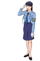 敬礼する若い女性警察官_夏服交通腕章あり