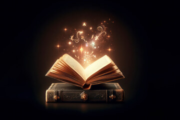 picture image of magical open book with spell for dark magic black background. ai generative