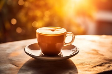 Obraz premium Morning Sunlight Illuminating a Fresh Cup of Coffee