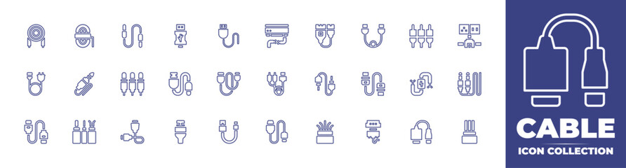 Cable line icon collection. Editable stroke. Vector illustration. Containing cable, air conditioner, cable connector, usb cable, hdmi, jack cable, cables, vga cable, jack connector, usb, electricity. - obrazy, fototapety, plakaty