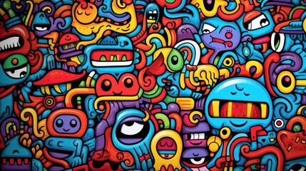 Pattern of a group of colorful faces, a frame made of childish doodles with thick, kids coloring - obrazy, fototapety, plakaty