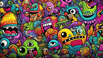 Obraz na płótnie Canvas Pattern of a group of colorful faces, a frame made of childish doodles with thick, kids coloring