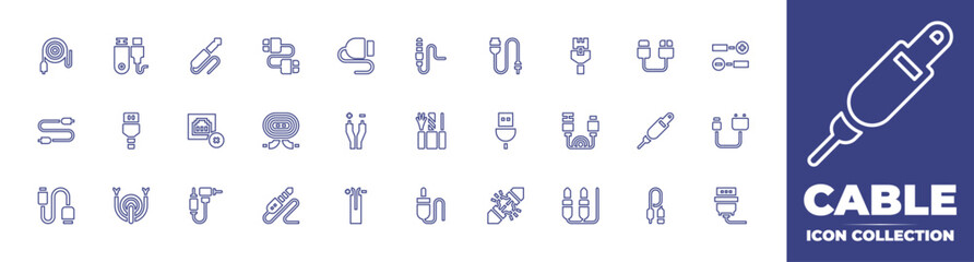 Cable line icon collection. Editable stroke. Vector illustration. Containing audio jack, wiring, wires, cable, wire, ethernet, connection error, data cable, jack cable, usb plug, usb, connectivity. - obrazy, fototapety, plakaty