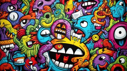 Pattern of a group of colorful faces, a frame made of childish doodles with thick, kids coloring