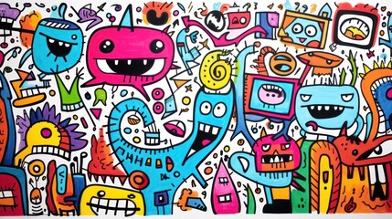 Fototapeta premium Pattern of a group of colorful faces, a frame made of childish doodles with thick, kids coloring