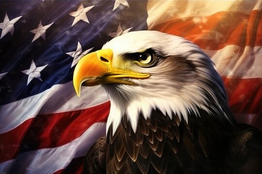 Eagle with American flag flies in freedom. North bald eagle - symbol of america. United States of America patriotic symbols. Memorial Day. Remember and honor