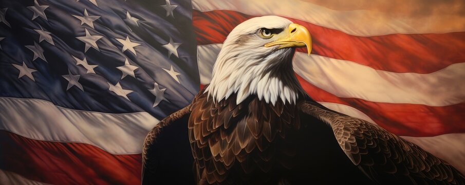 Eagle with American flag flies in freedom. North bald eagle - symbol of america. United States of America patriotic symbols. Memorial Day. Remember and honor