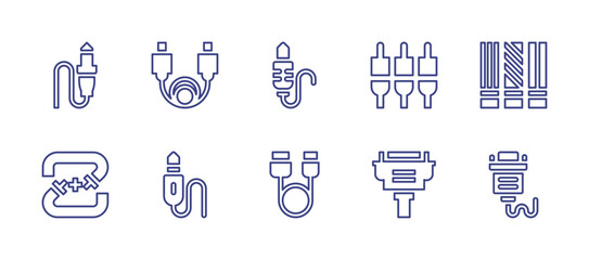 Cable line icon set. Editable stroke. Vector illustration. Containing jack, vga cable, cable, hdmi cable, jack cable, usb cable, audio jack, connecting tubes. - obrazy, fototapety, plakaty