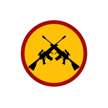 Vector graphic illustration of the symbolic emblem logo featuring silhouettes of crossed rifles in a yellow circle area and bordered in red.
