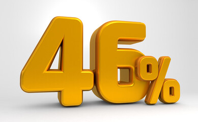 Golden 46% 3d isolated on white background. 46% off 3D. 46% mega sale or forty six bonus. Sale of special offers. 3d rendering.	