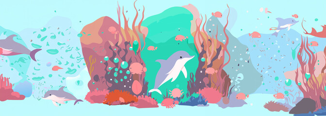 Underwater life at sea or ocean bottom, seaweeds and aquatic habitats in depth, undersea illustration with dolphins