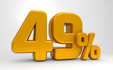 Golden 49% 3d isolated on white background. 49% off 3D. 49% mega sale or forty nine percent bonus. Sale of special offers. 3d rendering.	