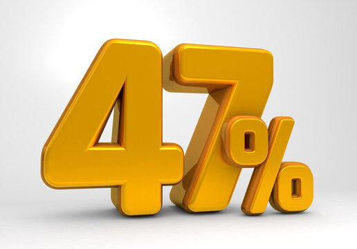 Golden 47% 3d isolated on white background. 47% off 3D. 47% mega sale or forty seven percent bonus. Sale of special offers. 3d rendering.	