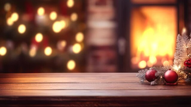 empty wooden desk in the foreground, christmas tree and fireplace in the background, 4k seamless loop