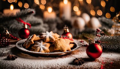 christmas decoration with candle and cake