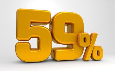 Golden 59% 3d isolated on white background. 59% off 3D. 59% mega sale or fifty nine percent bonus. Sale of special offers. 3d rendering.	