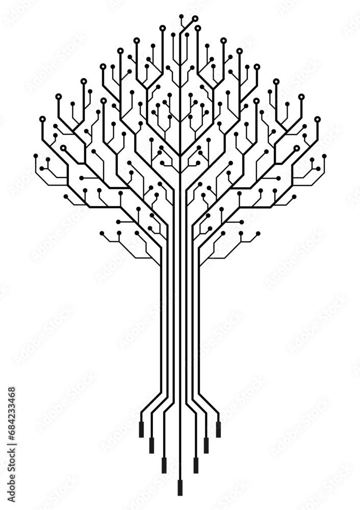 Poster Tree data network technology isolated on a white background. Technology tree circuit board internet connection. Hi-Tech background design. Computer engineering hardware system. Big Data.