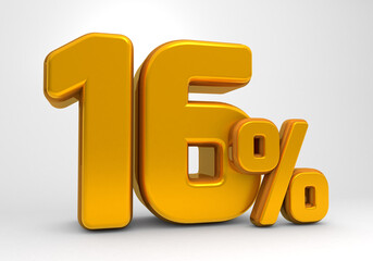 Golden 16% 3d isolated on white background. 16% off 3D. 16% mega sale or sixteen percent bonus. Sale of special offers. 3d rendering.	