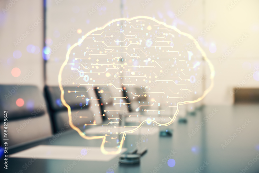 Poster double exposure of creative artificial intelligence interface on a modern meeting room background. n