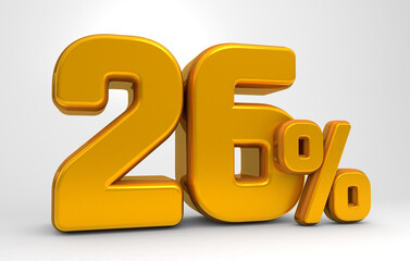 Golden 26% 3d isolated on white background. 26% off 3D. 26% mega sale or  twenty six percent bonus. Sale of special offers. 3d rendering.	