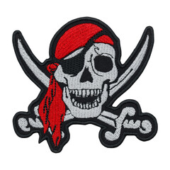 Fototapeta premium Skull and Bones Embroidered Patch. Jolly Roger. Pirate style. Punk Rock, Danger. Accessory for rockers, metalheads, punks, goths.