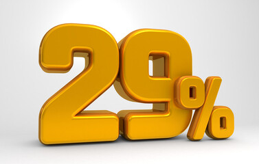 Golden 29% 3d isolated on white background. 29% off 3D. 29% mega sale or twenty nine percent bonus. Sale of special offers. 3d rendering.	