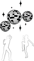 Disco lights and dancers dancing below. Illustration of disco lights and dancers. Hand-drawn style