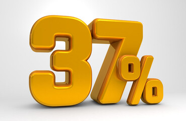 Golden 37% 3d isolated on white background. 37% off 3D. 37% mega sale or thirty seven percent bonus. Sale of special offers. 3d rendering.	