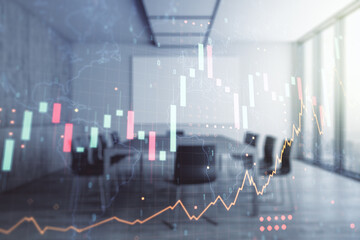 Multi exposure of virtual creative financial graph and world map on a modern conference room background, forex and investment concept