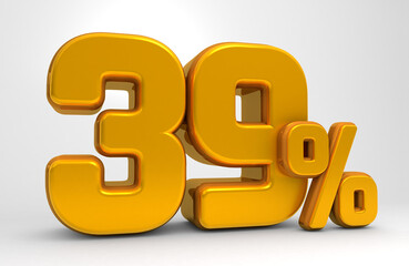 Golden 39% 3d isolated on white background. 39% off 3D. 39% mega sale or thirty nine percent bonus. Sale of special offers. 3d rendering.	