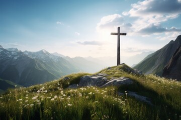 Wooden cross on the top of the mountain with clouds on the background