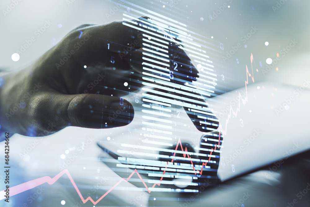 Poster double exposure of creative bitcoin symbol hologram and hand working with a digital tablet on backgr