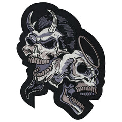 Embroidered patch skull of an angel and a demon. Accessory for rockers, metalheads, punks, goths.