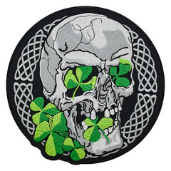 Embroidered patch 
skull with clover. Accessory for rockers, metalheads, punks, goths.