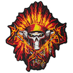 Embroidered patch burning skull of an Indian chief. Accessory for rockers, metalheads, punks, goths.