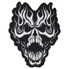 Embroidered patch burning skull. Accessory for rockers, metalheads, punks, goths.