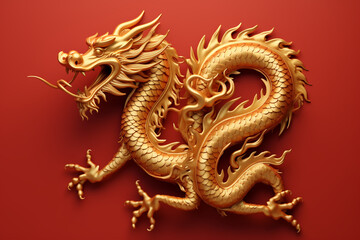The golden dragon on a chinese red background, hyper-realistic details, shaped canvas, 3d, detailed character illustrations, poster, matte background. Chinese new year