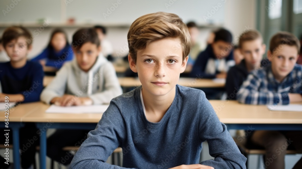 Wall mural A boy sitting at a desk in a classroom