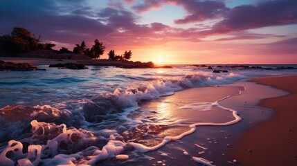 The sun is setting over the ocean on the beach