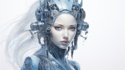 A woman in a futuristic suit with blue eyes