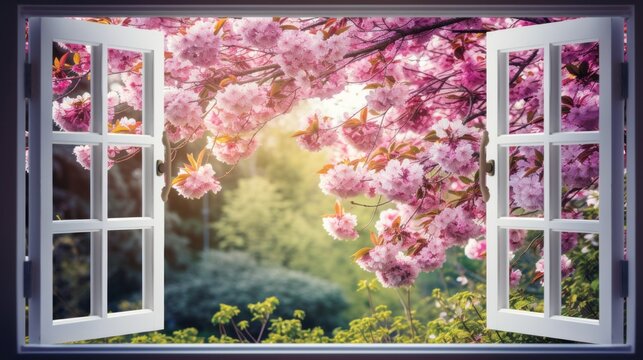 Fototapeta An open window with a view of a garden