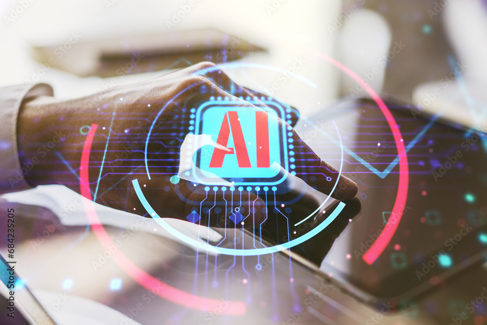 Poster double exposure of creative artificial intelligence abbreviation and hand working with a digital tab