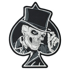Embroidered patch skull in a top hat Ace of spades. Accessory for rockers, metalheads, punks, goths.