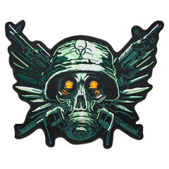 Embroidered patch skull in a helmet with assault rifles. Accessory for rockers, metalheads, punks,...